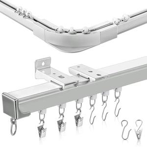 Juexica 3ft-9.8ft / 3 Meter Curtain Track Set with 90° Corner Bend Adjustable Aluminum Ceiling & Wall Mount Curtain Rail, L-shaped Divider Track for Living Room Bedroom with Rollers Clips Hooks(White)