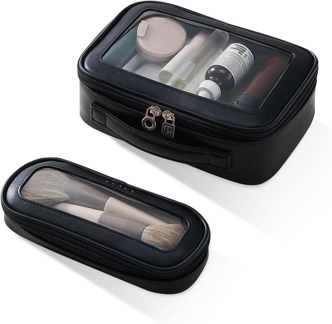 EACHY Clear Makeup Bag Cosmetic Organizer, Waterproof Travel Cosmetic Case with Zipper for Women, Transparent Toiletry and Skincare Pouch, Portable Car or Purse Bag for Travel Essentials (Medium Slim, Black)