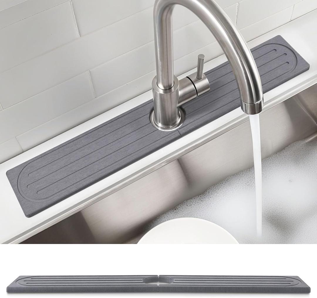Diatomite Faucet Mat Splash Guard - Quick Dry Stone Mat Sink Tray 23.6"x4"  Super Absorbent Non-Slip Faucet Drip Mat Around Faucet  Drying Stone Protector for Kitchen Sink Bathroom (Grey) (Gray)