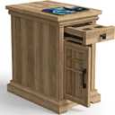 Farmhouse End Table with Charging Station, Rustic Wooden Nightstand with USB Ports and Outlets, Storage Drawer and Cabinet, Narrow Side Table for Living Room, Natural
