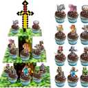 Pixel Cupcake Stand with 24 Pcs Cupcake Toppers, 3-Tier Dessert and Cupcake Holder for Gamer Birthday Party Supplies, Pixel Theme Birthday Decorations.