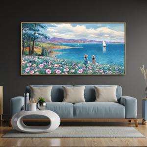 XLSJERST Landscape Wall Art - Blue Ocean Pink Flower Sailboat Mountain Tree Wall Decor Orange Frame Artwork for Wall Large Picture for Living Room Bedroom Home Office Wall Decoration Size 20x40 (Blue-green)