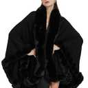 Tngan Faux Fox Fur Trim Cardigan Cloak Shawl Wraps Winter Poncho Oversized Cape Black