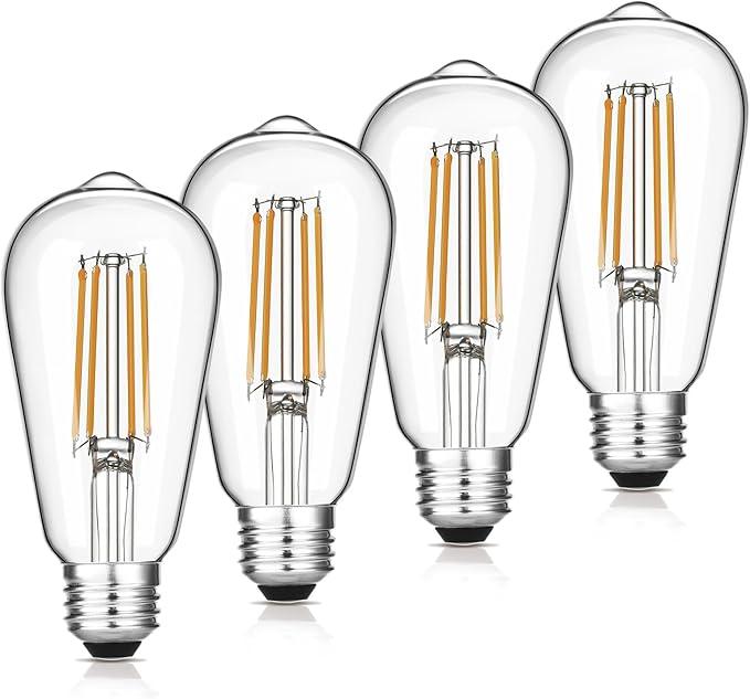 Vintage LED Edison Bulbs, 6W, Equivalent 60W, Dimmable, High Brightness Warm White 2700K, ST58 Antique LED Filament Bulbs with 90+ CRI, E26 Standard Base Light Bulbs, Clear Glass, Pack of 4