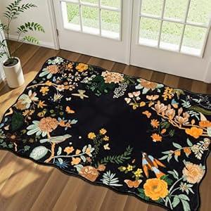 Rugflix Scalloped Floral Rug for Entryway, 2x3 Washable NonSlip Kitchen Area Rugs, Small Low Pile Indoor Door Mat, Soft Entrance Carpet for Bathroom Bedroom, Dark Black