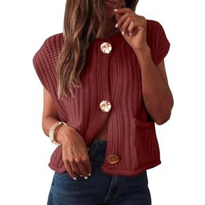 ANRABESS Women Chunky Knit Sweater Vest Button Down Casual Sleeveless Cardigan with Pockets Spring Trendy Outfits 2025 Rust Medium