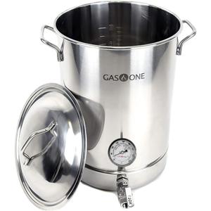 GasOne 8 Gallon Stainless Steel Home Brew Kettle Pot Pre Drilled 4 PC Set 32 Quart Tri Ply Bottom for Beer Brewing Includes Stainless Steel Lid, Thermometer, Ball Valve Spigot - Home Brewing Supplies