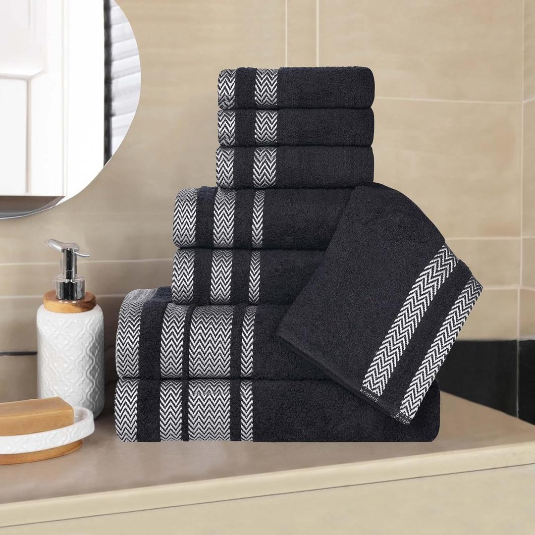 Superior Cotton 8 Piece Towel Set, Plush Soft Absorbent Towels, Bathroom Essentials, Shower, Luxury, Fluffy, Quick Dry, Includes 2 Bath, 2 Hand, 4 Washcloth/Face Towels, Hays Collection, Black
