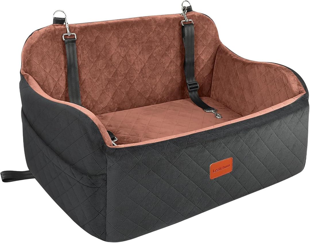 Lealchum Dog Car Seat for Large Size Dog,Soft Fabric Car Dog Bed Filling Memory Foam,2 Clip-On Safety Leashs and 2 Pockets,Removable and Washable Comfy Pet Car Seat(Black/Brown, Large)