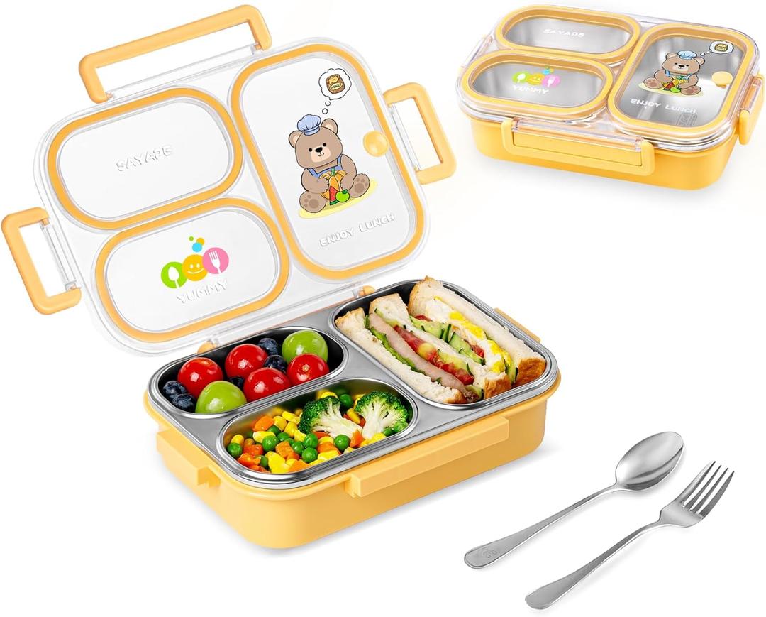 SAYAPE Stainless Steel Bento Lunch Box for Kids, 26.4 oz Leak-Proof 3-Compartment Metal Bento Box, BPA-Free, Cute Cartoon Meal Prep Snack Container with Utensils for School, Office, Travel - Yellow