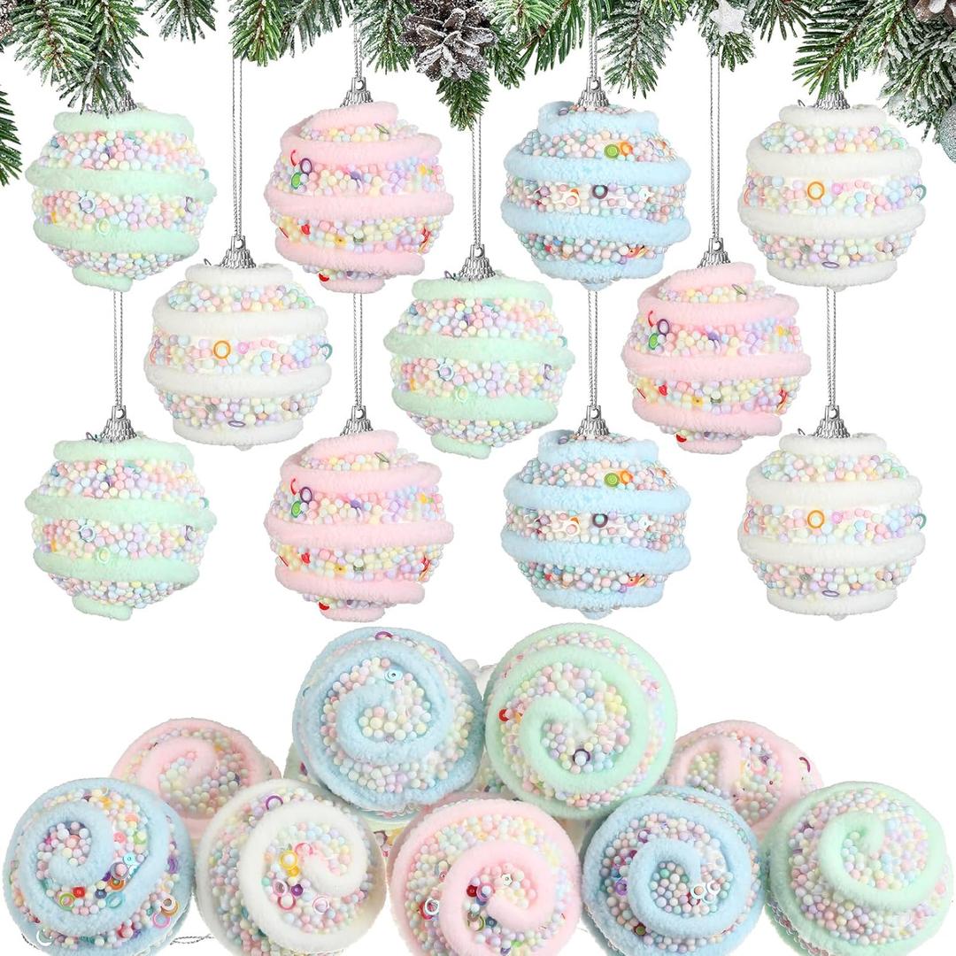Soulchen 12 Pcs Christmas Pastel Candy Ball Ornaments for Christmas Tree Candy Macaron Shatterproof Foam Balls Hanging Decoration for Xmas Tree Crafts Indoor Wreath Gifts Party Supplies