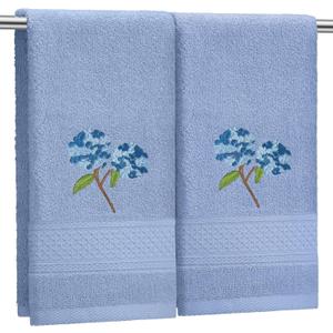 2 Pcs Hydrangea Hand Towels Blue Hydrangea Floral Bathroom Decor 14x29 Inch Embroidered 100% Cotton Soft Absorbent Spring Summer Decorative Flowers Hand Towels for Bathroom Kitchen