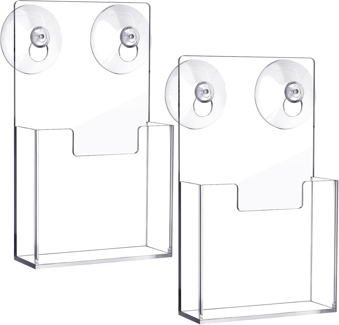 Thyle 2 Pcs Acrylic Brochure Holder with Suction Cups Wall Mount 4 x 6 Inch Window Clear Plastic Pamphlet Organizer Flyer Display Rack for Trifold Page Booklet Sticker Marketing Office Retail Shop