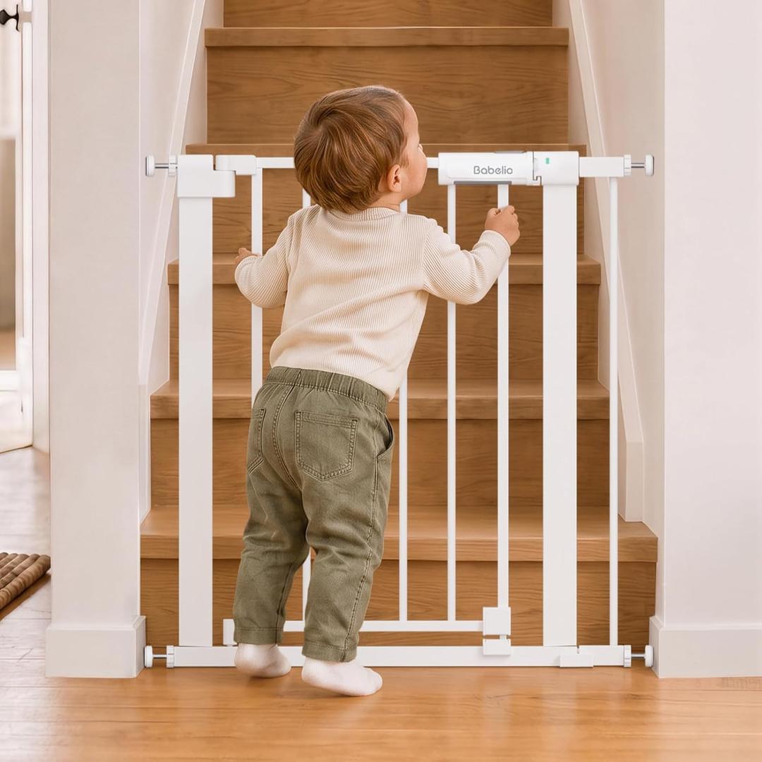 Babelio 26-31 in Narrow Baby Gate for Stairs with Wide Door, PressGuard II
Pressure/Wall Mount, Dual Lock with Indicator, Auto Close, Heavy Duty, Easy Install for Doorways, Kitchens, Hallway, White