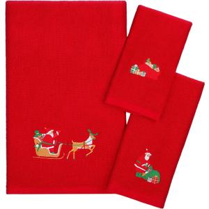 3 Pack Christmas Towels Set 100% Cotton Large Size Christmas Theme Towels Embroidery Christmas Bath Towels Hand Towels Facial Towels for Home Bathroom Kitchen (Red, 3 Sizes)