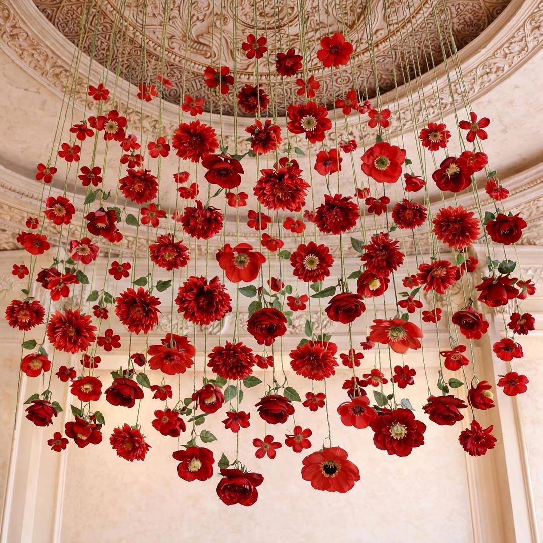 Suncalla 6 Pack Valentine's Day Garlands 50ft Artificial Red Rose Hanging Decoration Vintage Faux Flowers Ceiling Decor Fake Floating Floral Garlands with Hooks for Wall Wedding Backdrop Party