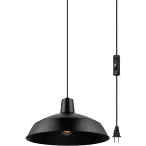 Globe Electric 65151 1-Light Plug-in Pendant Lighting, Matte Black, 15ft Cord, in-Line On/Off Switch, Adjustable Height, Hanging Ceiling Light for Apartments and Rental, Home Decor, Vintage