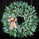 26'' Large Wreaths for Front Door Year Round, Spring Summer Artificial Green Eucalyptus Wreath with Buffalo Burlap Bow, Farmhouse Home Decor for Window Porch Holiday Housewarming