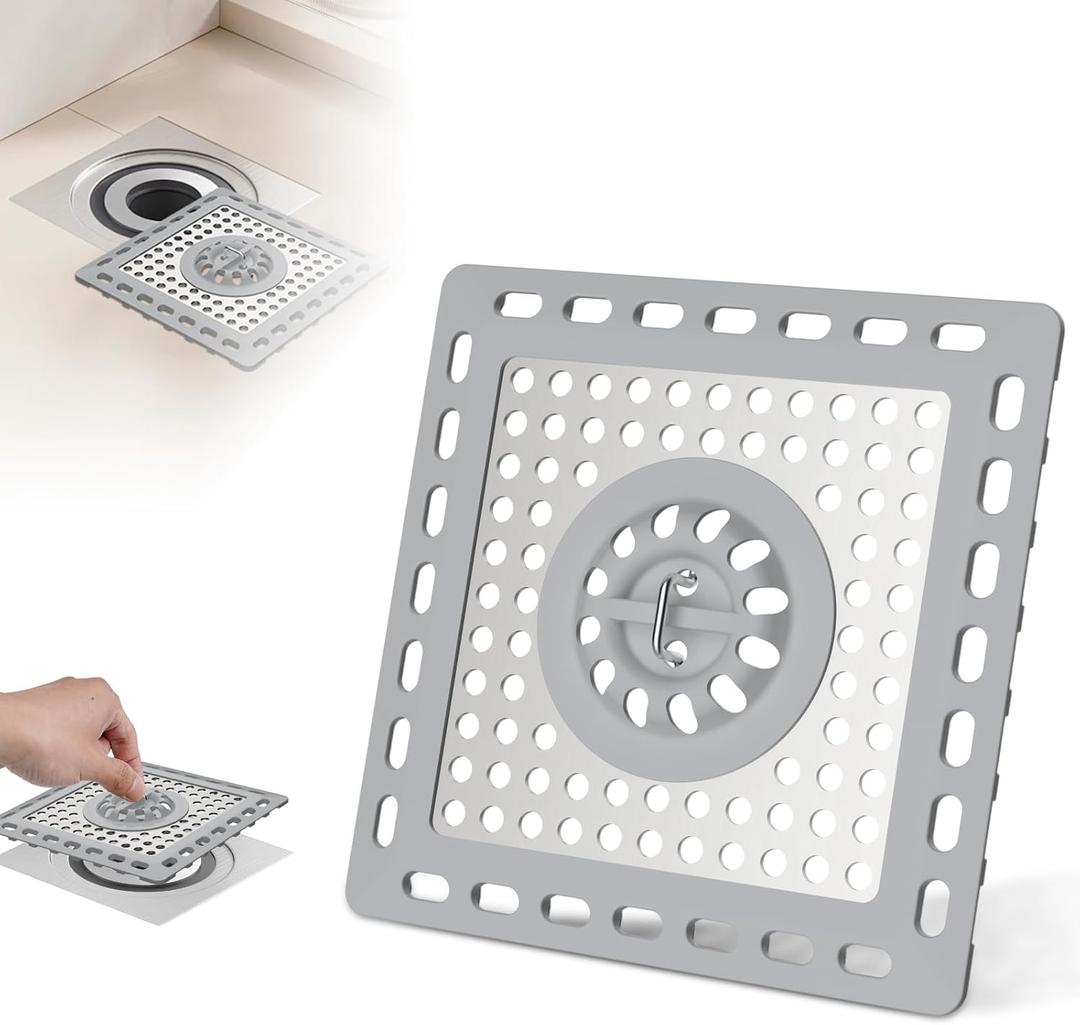 Hibbent Upgraded Shower Drain Hair Catcher for Bathroom Floor 4" Drain, Anti-Clogging Shower Drain Cover, Stainless Steel & Silicone Drain Strainer with Handle, Shower Drain Protector, Grey