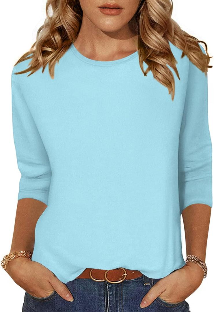 Zeagoo Women's Casual 3/4 Sleeve T-Shirts Round Neck Cute Tunic Tops Basic Tees Blouses Business Work Tee Top (X-Large, Blue)