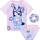Bluey Girls Swimsuit One Piece Bathing Suit or Rash Guard Set Kids, Toddlers, Swimwear Pool Beach Travel Essentials Holiday (7-8 Years, Lilac With Scrunchie)