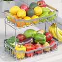 Fruit Basket for Kitchen Counter - 2 Tier Detachable Fruit Vegetable Basket with Banana Hanger, Metal Countertop Fruit Stand with Wooden Handle, Silver, 8.5" D x 12.4" W x 12.3" H