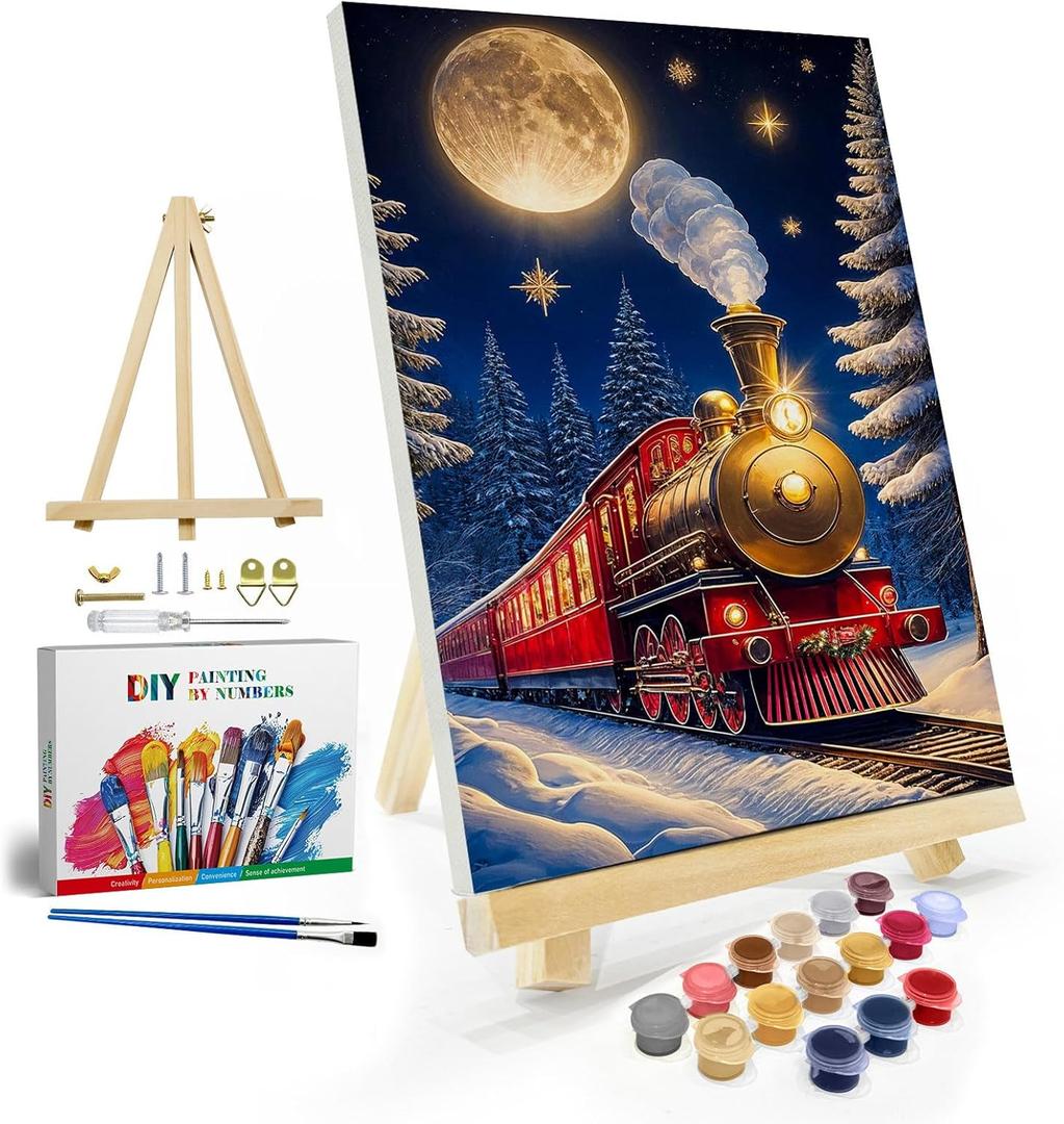 JOOZ Christmas Paint by Numbers Kit for Adults with Frame, Moon Train Paint by Number with Easel, DIY Christmas Framed Paint by Number Kits for Gift Home Wall Decor 8x12 Inch