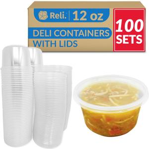 Reli. Deli Containers with Lids (100 Sets Bulk), 12 oz | Plastic Deli Containers with Lids 12oz | Disposable To Go Food Storage (Clear)