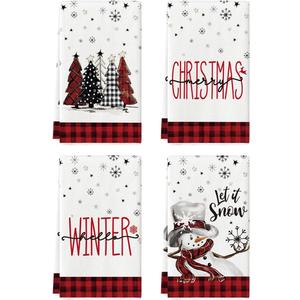 Artoid Mode Red Black Buffalo Plaid Snowman Xmas Trees Christmas Kitchen Towels Dish Towels, 18x26 Inch Daily Seasonal Winter Decoration Hand Towels Set of 4
