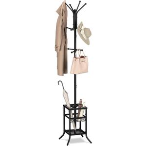 Yoobure Coat Rack Freestanding, Coat Tree with Umbrella Holder, Metal Coat Rack Stand with 12 Hooks, Modern Coat Hanger Stand for Entryway, Purse Rack Hat Rack Stand for Living Room Bedroom Office (Black)
