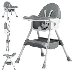 Baby High Chair, 5 in 1 High Chairs for Babies and Toddlers, Travel Foldable High Chair with Foot Rest, Detachable PU Cushion, Double Removable Tray, Adjustable Height & Recline (Grey)