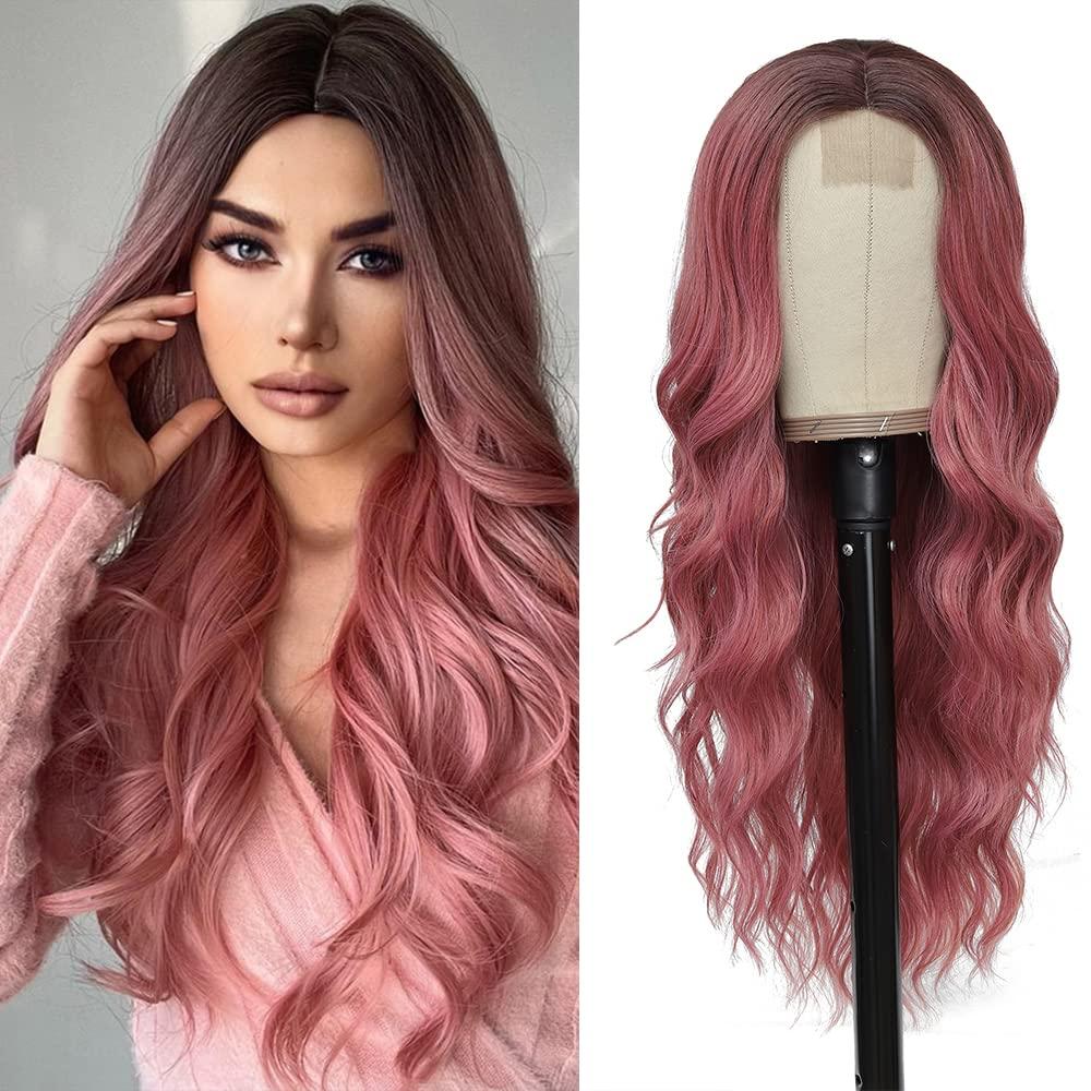 Long Wavy Pink Wig for Women 26 inch Curly Middle Part Ombre Hair Wig Natural Looking Upgraded Synthetic Protein Fiber Natural Looking Wig Cosplay Costume Wig(26'' Ombre Pink)
