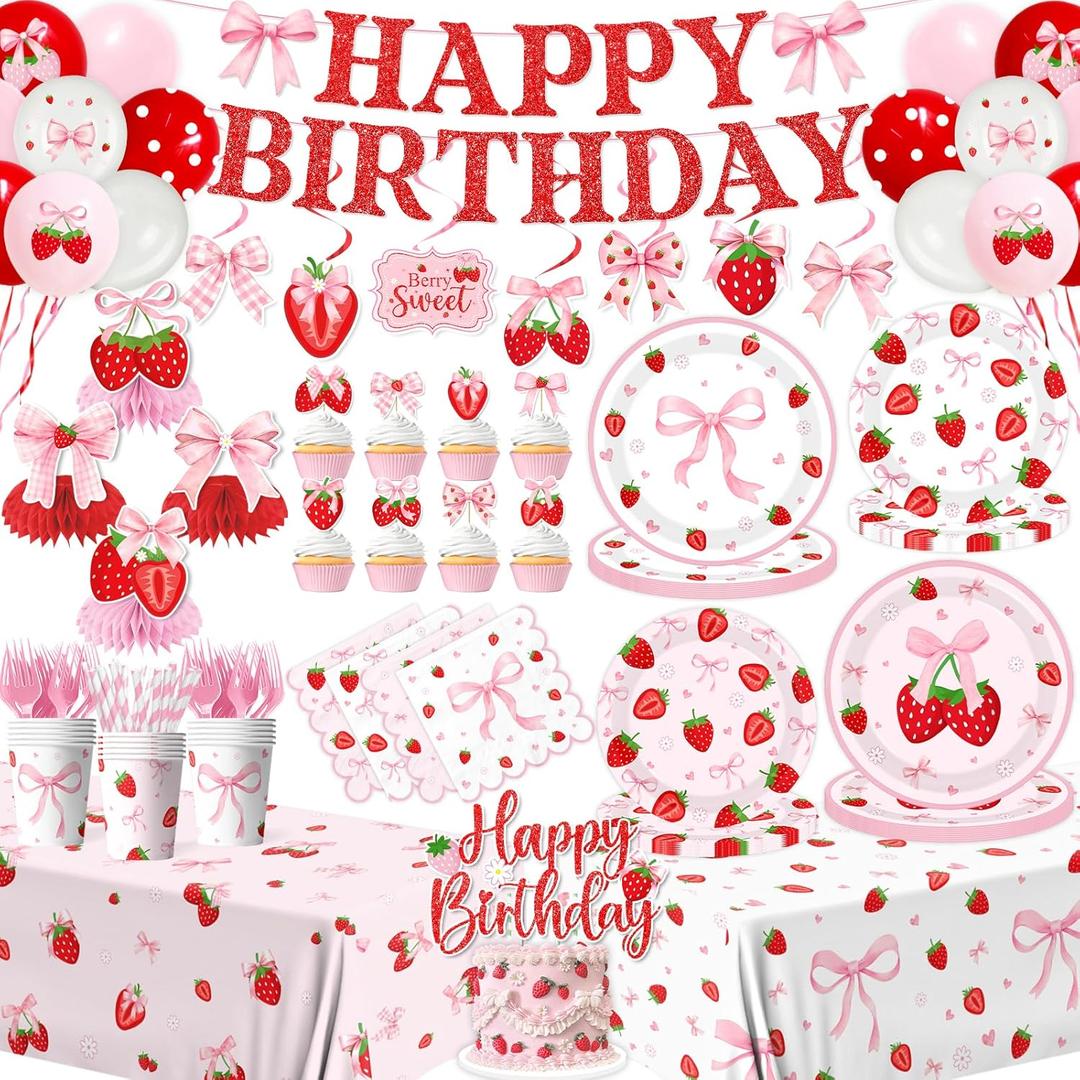 Strawberry Birthday Decorations - 197Pcs Pink Bow Theme Plates and Napkins Set Girls Strawberry Sweet Tableware for Berry First Birthday Decor