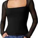 2 x QINSEN Women's Square Neck Long Sleeve Mesh Top Sheer Sleek Fitted Blouse for Casual Night Out (Black, M)