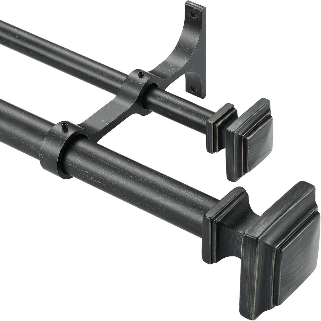 Double Wood Curtain Rods for Windows 36 to 72 Inches,1 Inch Decorative Wooden Curtain Rod with Square Imitation Wood Grain Finials and Double Aluminum Bouquet Bracket, Antique Black