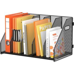 SUPEASY Binder Organizer, Magazine File Holder with 5 Vertical Compartments Rack, Metal Desk File Organizer & Binder Holders, Magazine Organizers for Office Desktop, Home, School, Classroom (Black)
