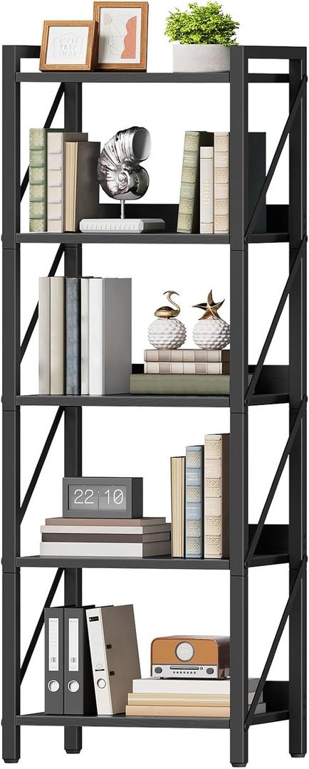 HOOBRO Bookshelf, 5-Tier Industrial Bookcase, Book Shelf Storage Organizer, Tall Bookshelf with Metal Frame for Living Room, Bedroom, Home Office, Kitchen, Black BB73SJ01