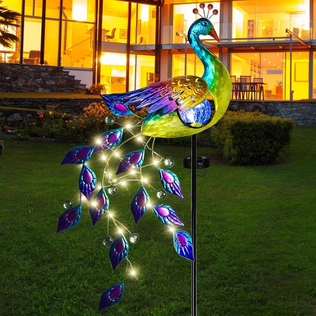 DREAMSOUL Solar Garden Lights Outdoor, Metal Peacock Decor Solar Lights Garden Stakes with Led String Lights, Waterproof Crackle Glass Ball Landscape Path Light for Lawn Patio (Multi-colored)