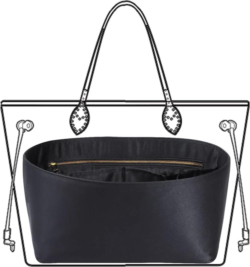 Purse Organizer Insert For Handbags, Silk Purse Organizer with Zipper, Silky Smooth, Bag Organizer For Speedy Neverfull Tote,onthego,Artsy, 6 Sizes(Slender Large, Silky Black)