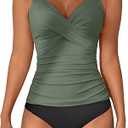 B2prity Women's Ruched Tankini Swimsuits V Neck Wrap Tie Back Two Pieces Bathing Suit Tummy Control Swimwear, M