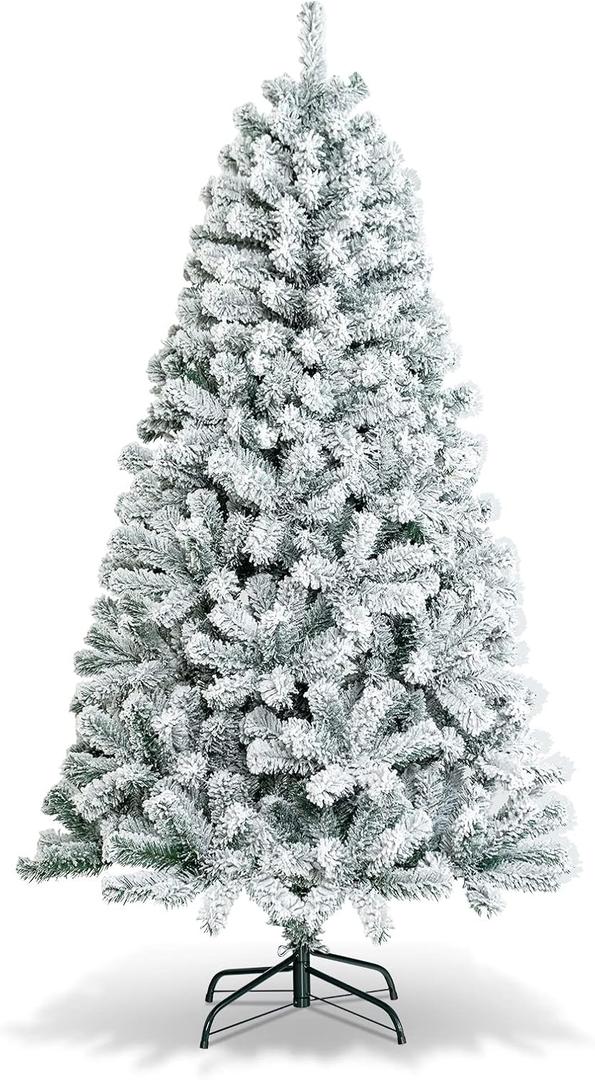 6 FT Snow Flocked Christmas Tree, Artificial Holiday Hinged Pine Tree with 600 Branch Tips, Solid Metal Stand, Premium Xmas Full Fake Tree for Home, Office, Party Decoration (White)