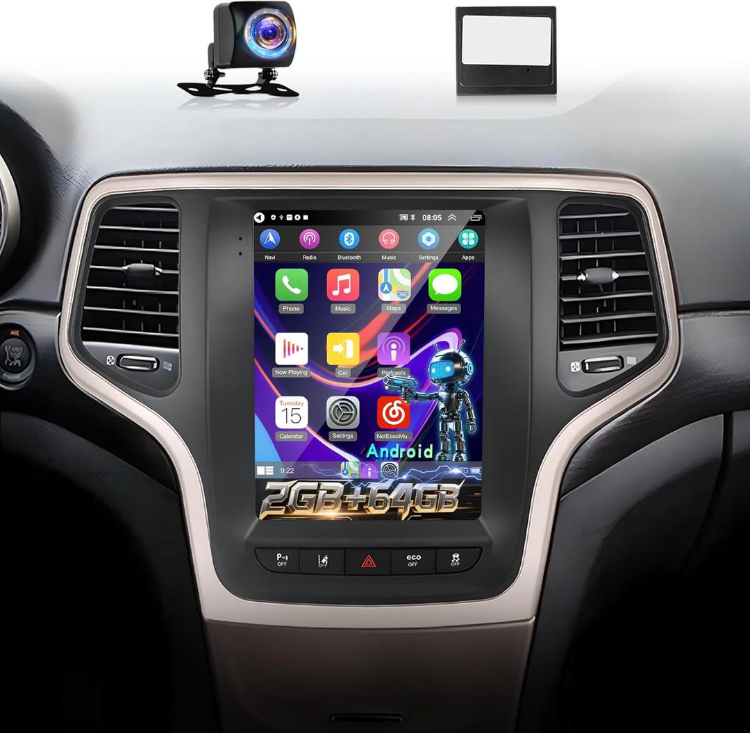 [2+64] Volxcereo Car Radio for Jeep Grand Cherokee 2014-2020, 9.7 inch Android Vertical Touchscreen Stereo with Carplay/Android Auto, GPS Navigation, WiFi, Bluetooth, SWC, FM/RDS, EQ