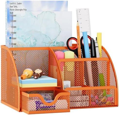 EasyPAG Mesh Desk Organizer, Multi-functional Stationery Organizer for School Supplies, Office Pen Holder for Desk, 6 Compartments Dorm Organization with Drawer, Orange