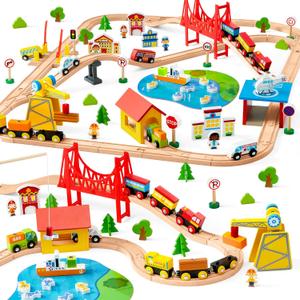 110PCS Wooden Train Set - Toy Magnetic Trains with Wooden Track Set for Kids Ages 3-8, City Scene Railway Set, Perfect Easter Birthday Gift for Grandkids Toddlers Boys Girls