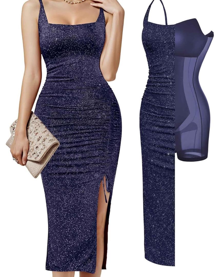 Popilush Shapewear Midi Dress Women's Sparkly Formal Wedding Guest Cocktail Dresses Fall Square Neck Ruched Dress Side Slit Size S