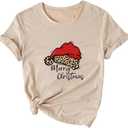 Merry Christmas Shirts for Women Novelty Holiday Basic Winter Christmas Santa Hat Printed Tee Tops(Khaki XL)