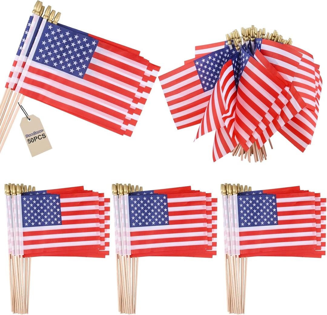 50 Pcs Small American Flags on Stick 4x6 Inch American Hand Held Stick Flags Patriotic Decorations Small US Flags/Mini American Flags for Outside Presidents Day Patriotic Holiday Yard Decor