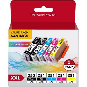WIZINK Printer Ink 250 and 251 cartridges MX922 Ink Cartridges 250 pgbk CLI-251 XL Ink cartridges for PIXMA IX6820 MX920 IP8720 MG5520 MG5420 MG7520 MG7120 MG6320 IP7220 Printer, 5 Pack