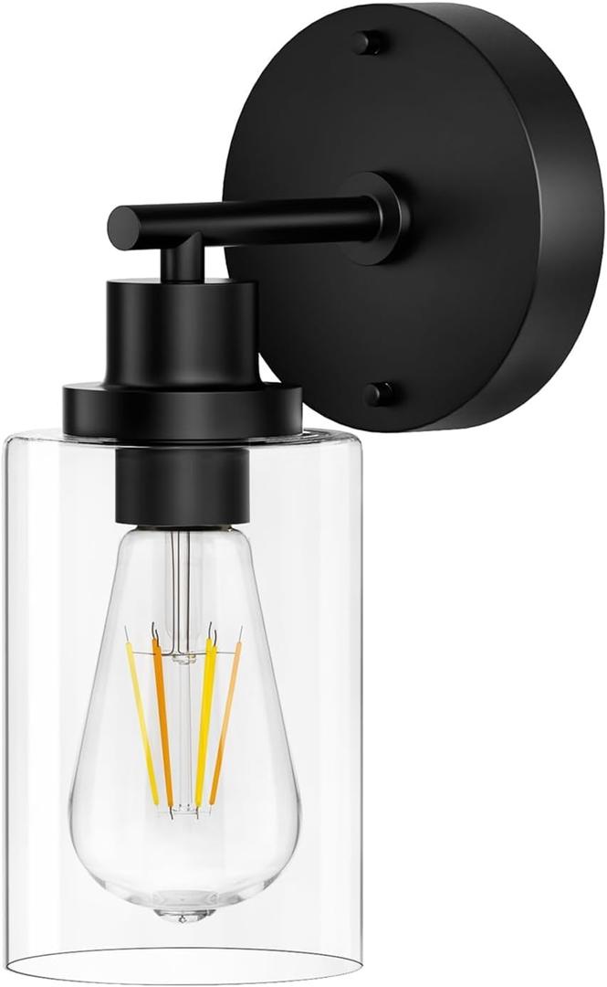 Black Wall Sconce Light: Modern Wall Sconces Indoor, LED Wall Light Fixtures with E26 Base and Clear Glass Shade, Sconces Wall Lighting for Hallway, Bedroom, Living Room, and Mirror (1 Pack)
