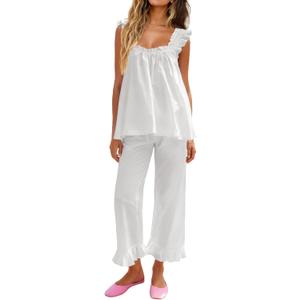 KFUBUO Womens Pajamas Set 2 Piece Ruffle Pj Soft Tank Top and Long Pants Lounge Set with Pockets Women Loungewear Set S